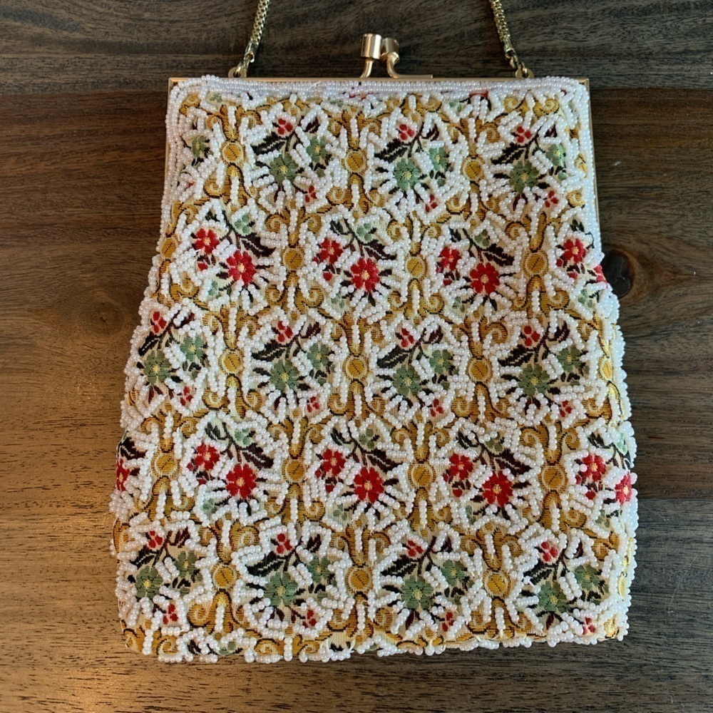 Du-Val Vintage Beaded Purse Made in Hong Kong Gold Tone Chain Flowers Multicolor - Picture 3 of 13
